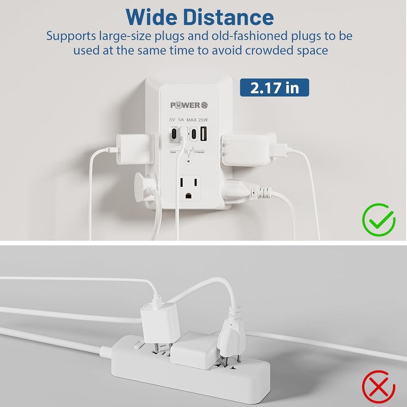 POWERS Electrical Outlet Extender with USB Ports (3C1A), Snug Wall Outlet, Surge Protector, Wall Plug Adapter for Multiple Devices, Wall Socket Expander - Image 4